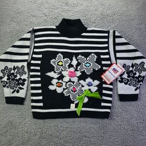 Vintage Knitwaves Girls Black White Striped Floral Ribbon Rose Sweater Medium